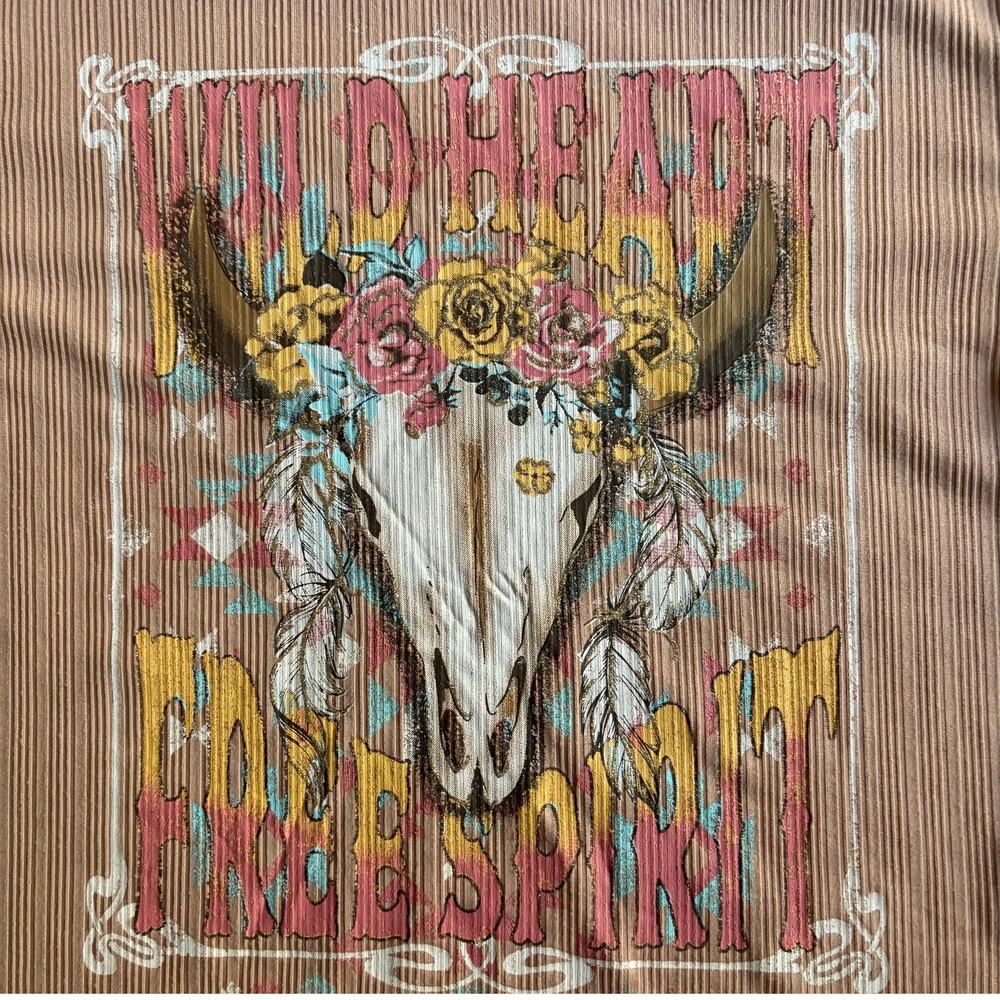 Western Cow Skull Graphic Tee Copper Ribbed Rodeo Boho Girls L 14